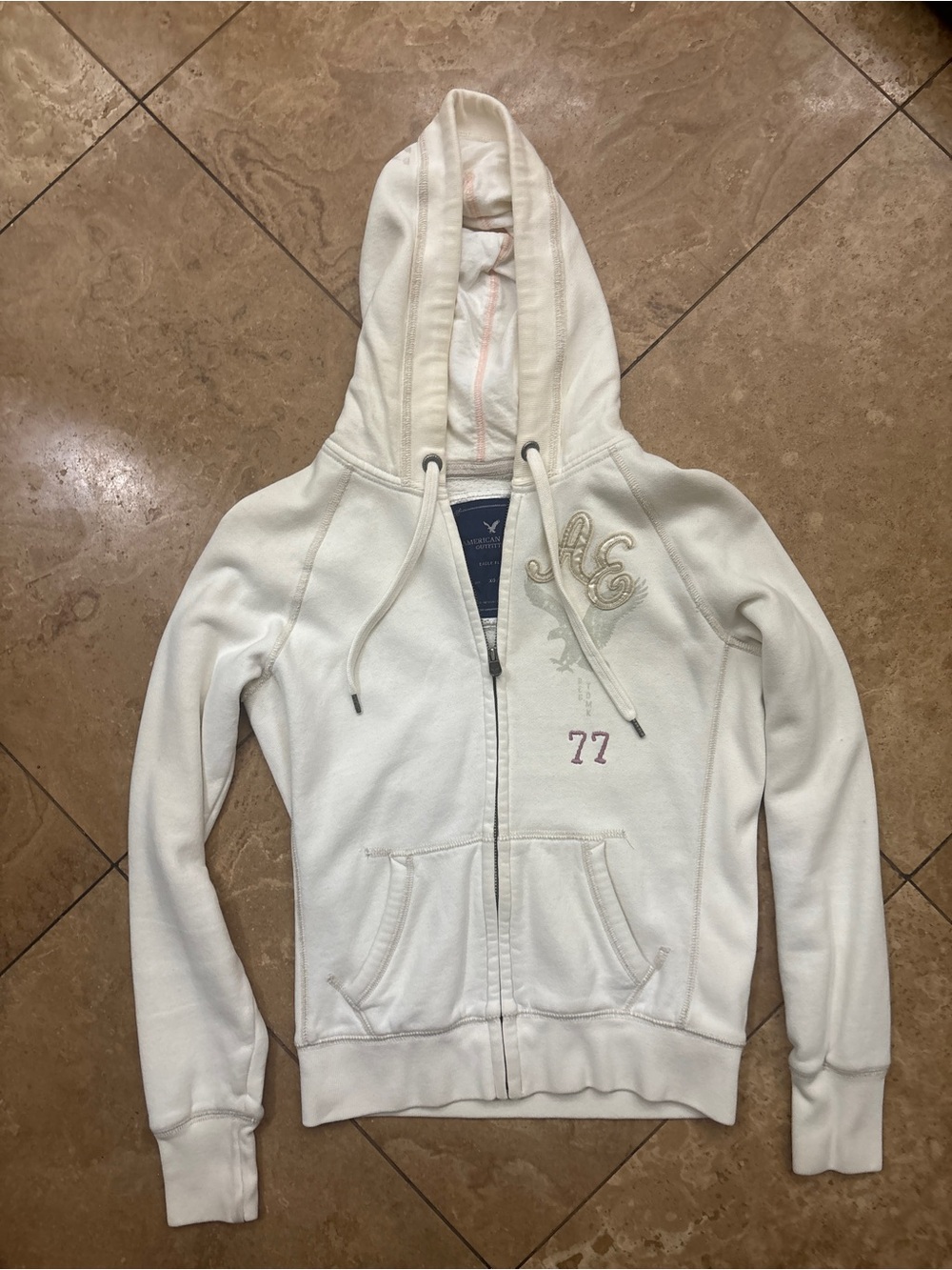 American Eagle Outfitters Cream Zip Hoodie with Subtle Embroidery